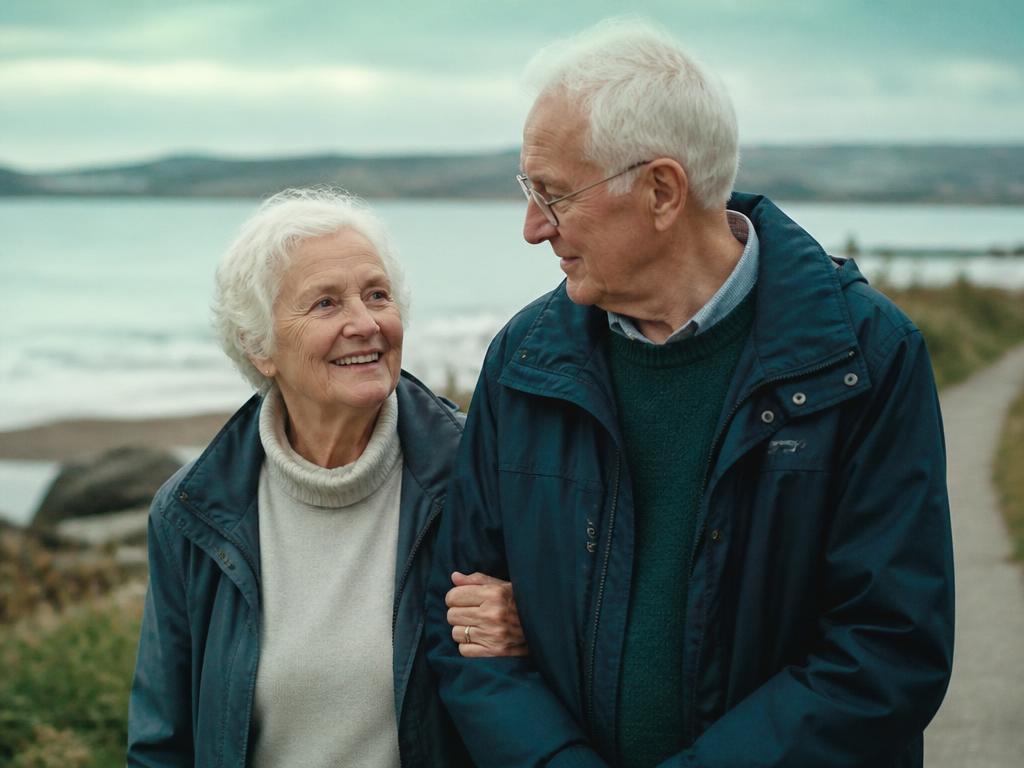 An elderly couple walking arm in arm along a coastal path
