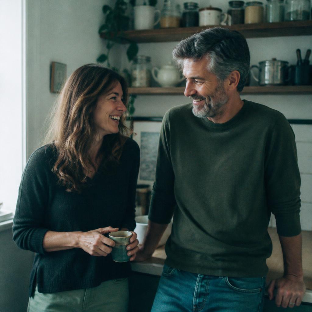 A couple talking at home over coffee in their kitchen