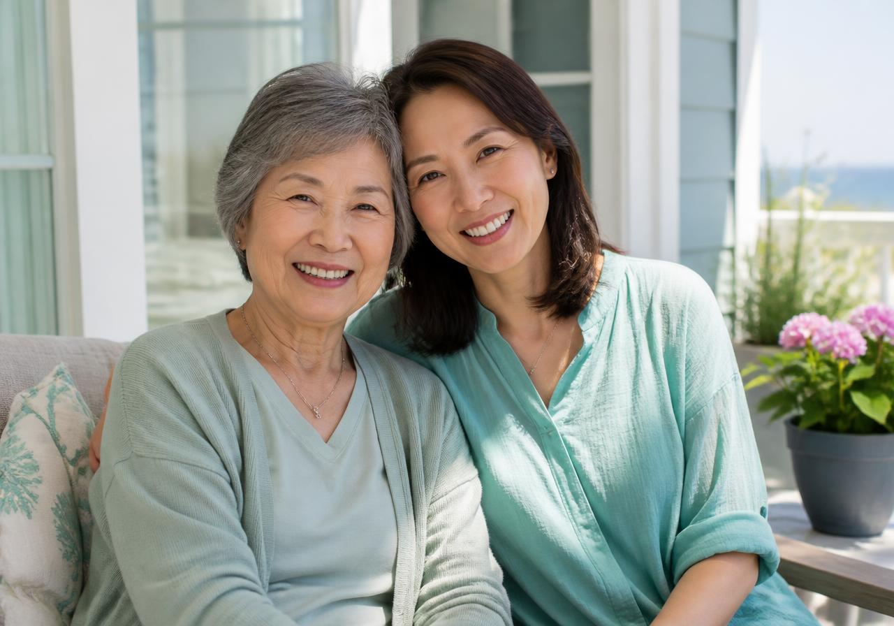 An adult daughter sitting close to her mother on a sunny porch