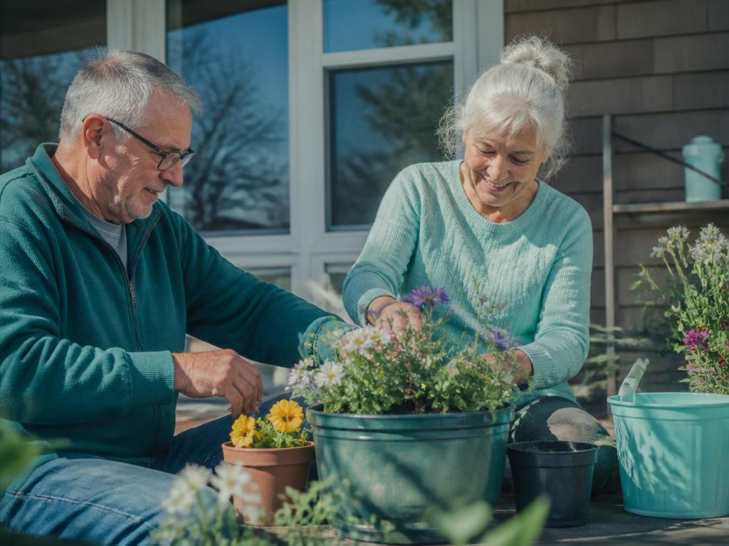 An older couple potting flowers together on their porch